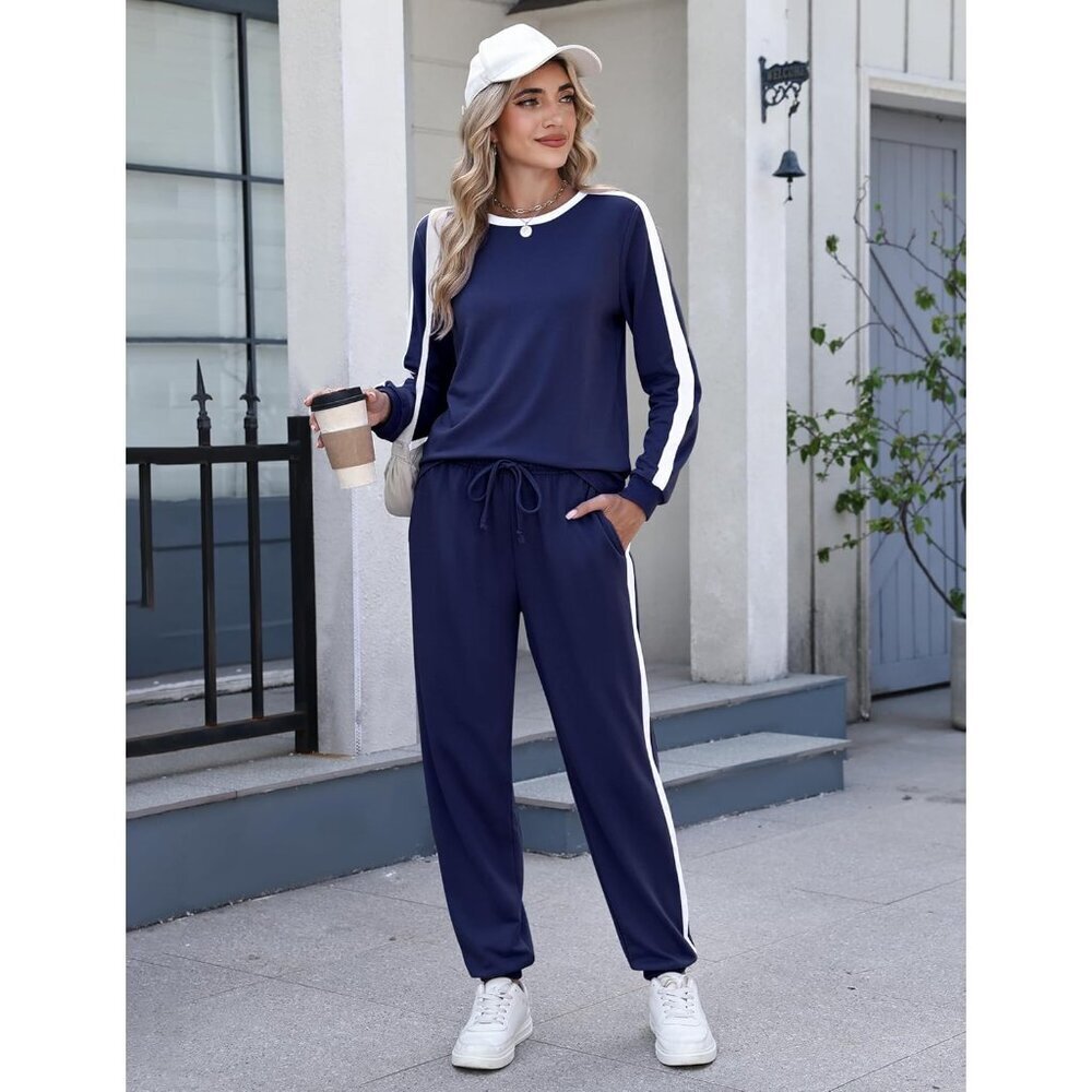 Women Long Sleeve Tracksuit 2 Piece Set Cotton Polyester Spandex Lounge - Picture 7 of 8